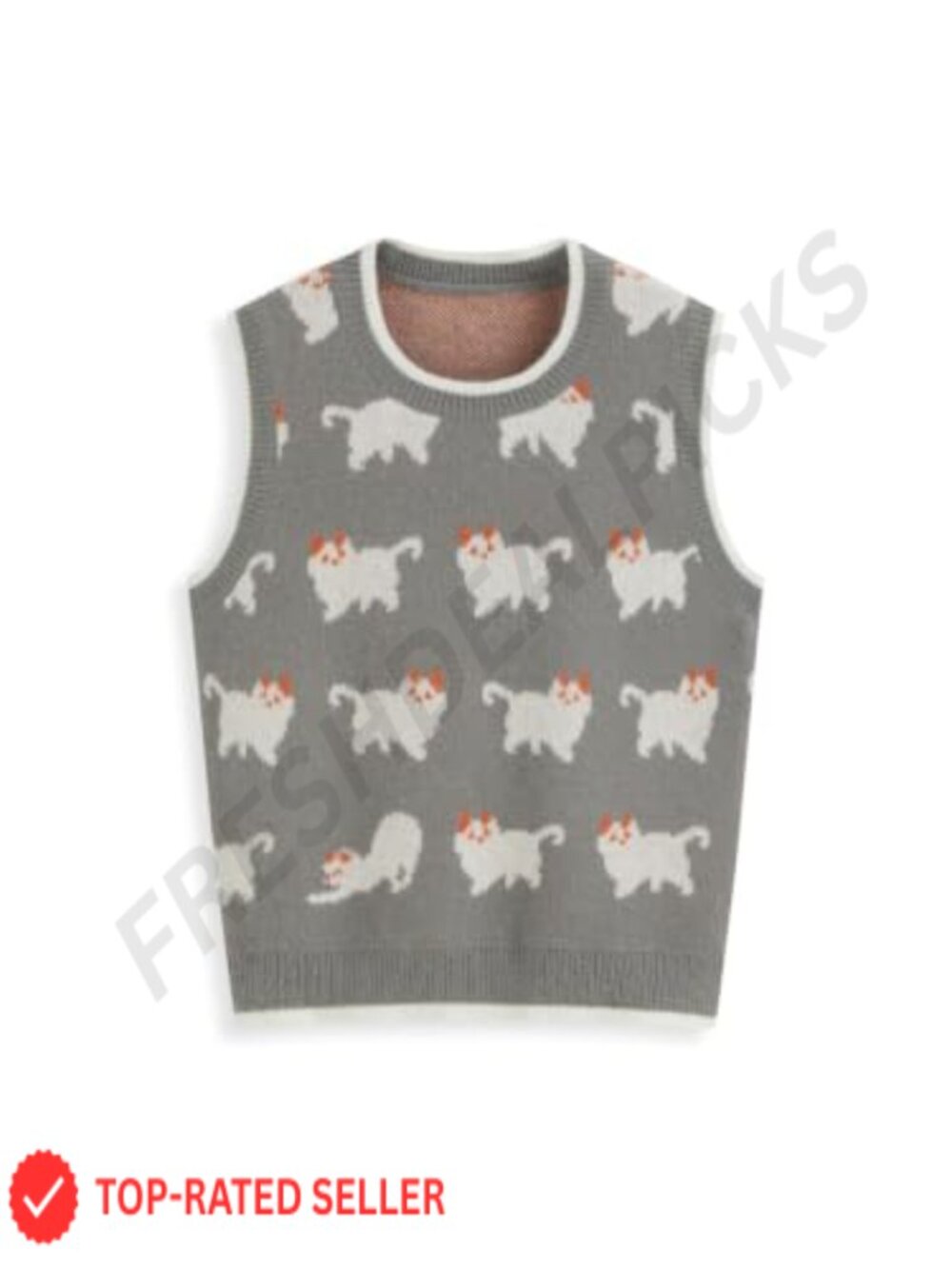 Women's Cat Print Cropped Knit Sweater Vest Sleeveless Crew Neck